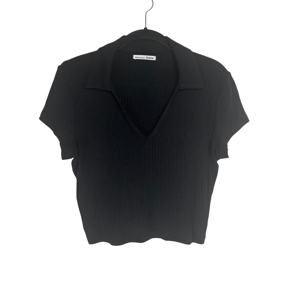 Reformation Jeans Black Ribbed V-Neck Polo Short Sleeve Top Minimalist Large